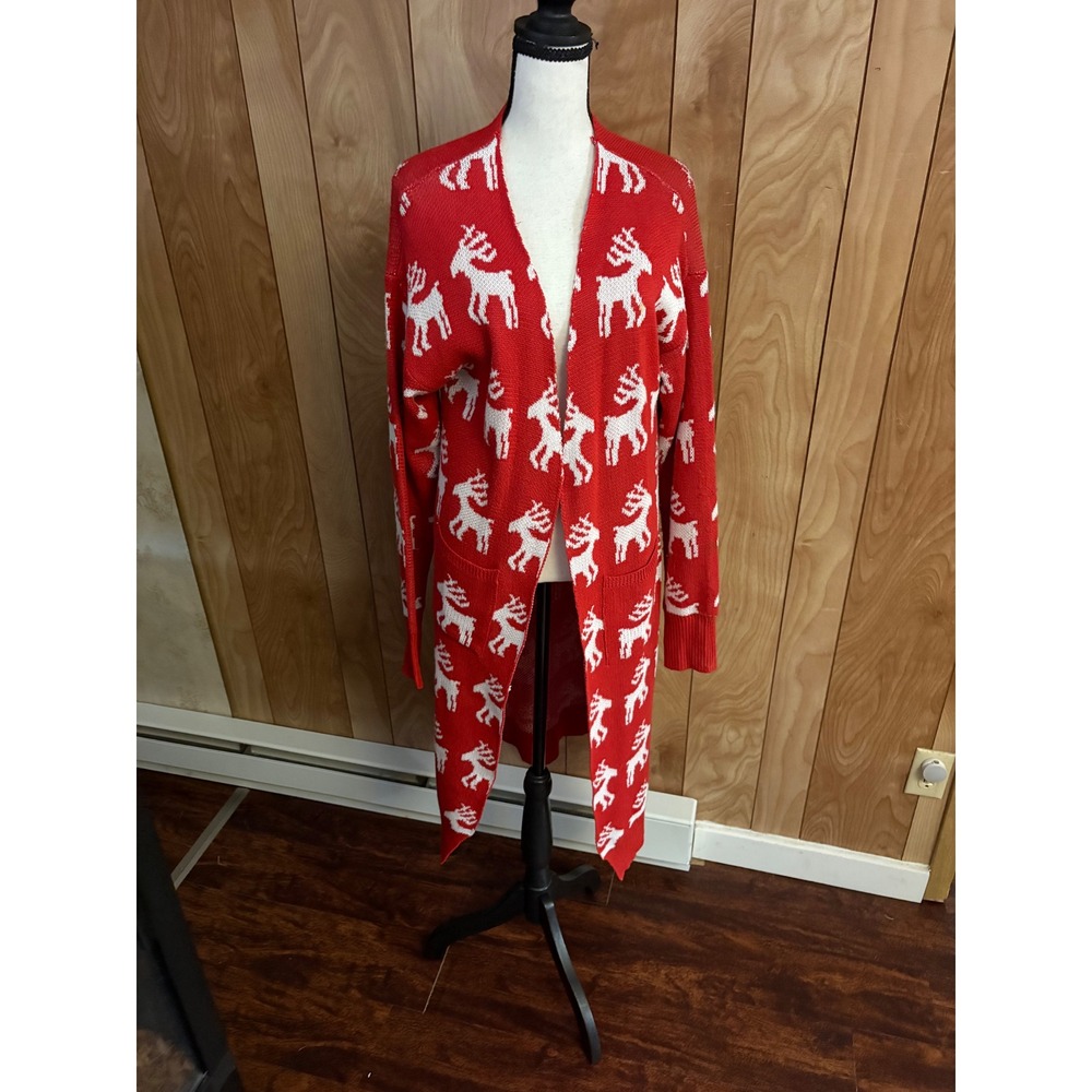 Vestidos Red Reindeer Christmas Duster Cardigan Sweater Longline Pockets Medium